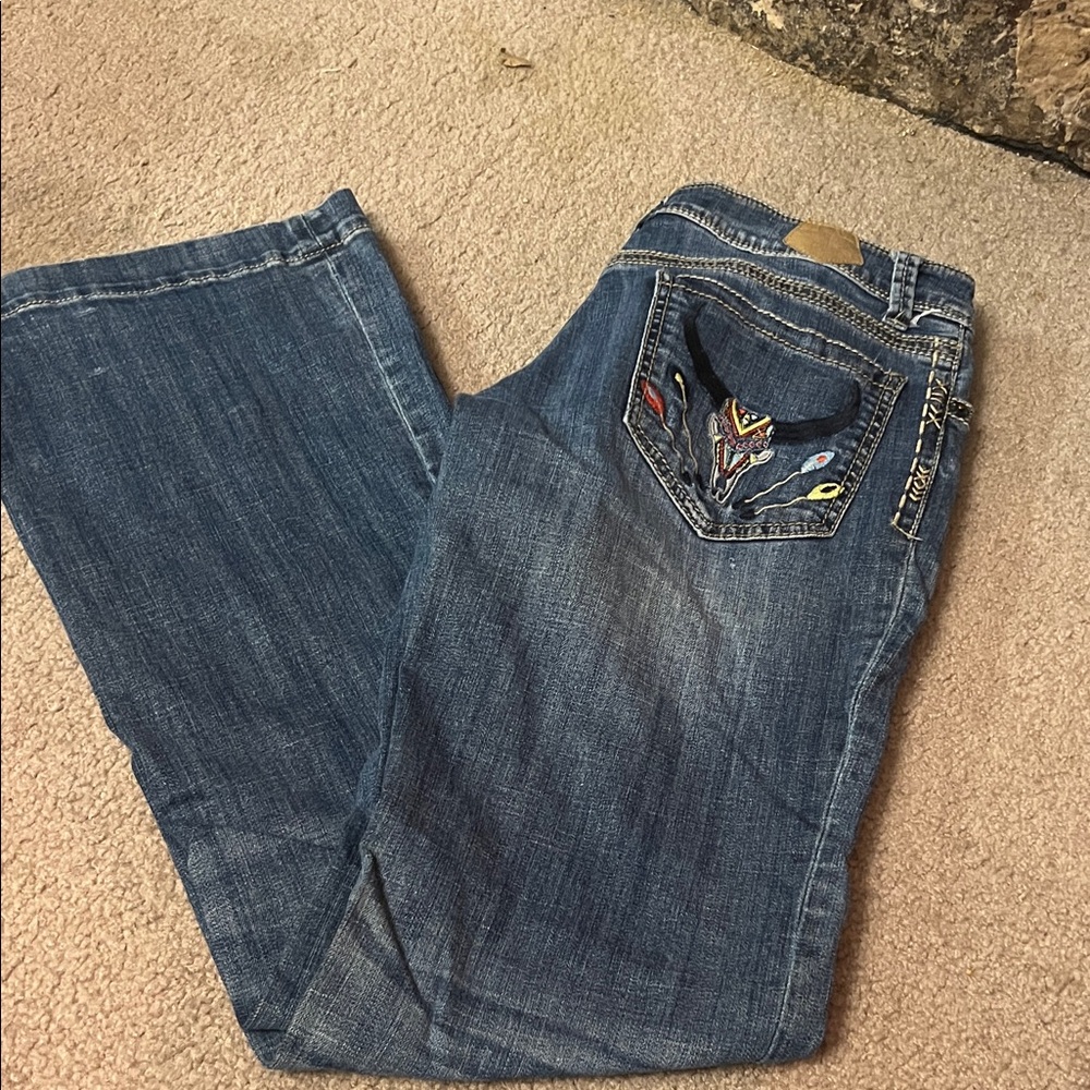 Tin Haul Women's Blue Flare Jeans with Embroidered Back Pocket